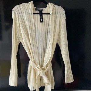 CREAM BELTED HOODED KNIT BELTED SWEATER CARDIGAN